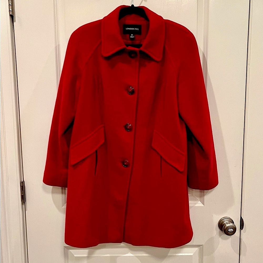 London Fog Red Pea Coat Mid-Length Wool Blend